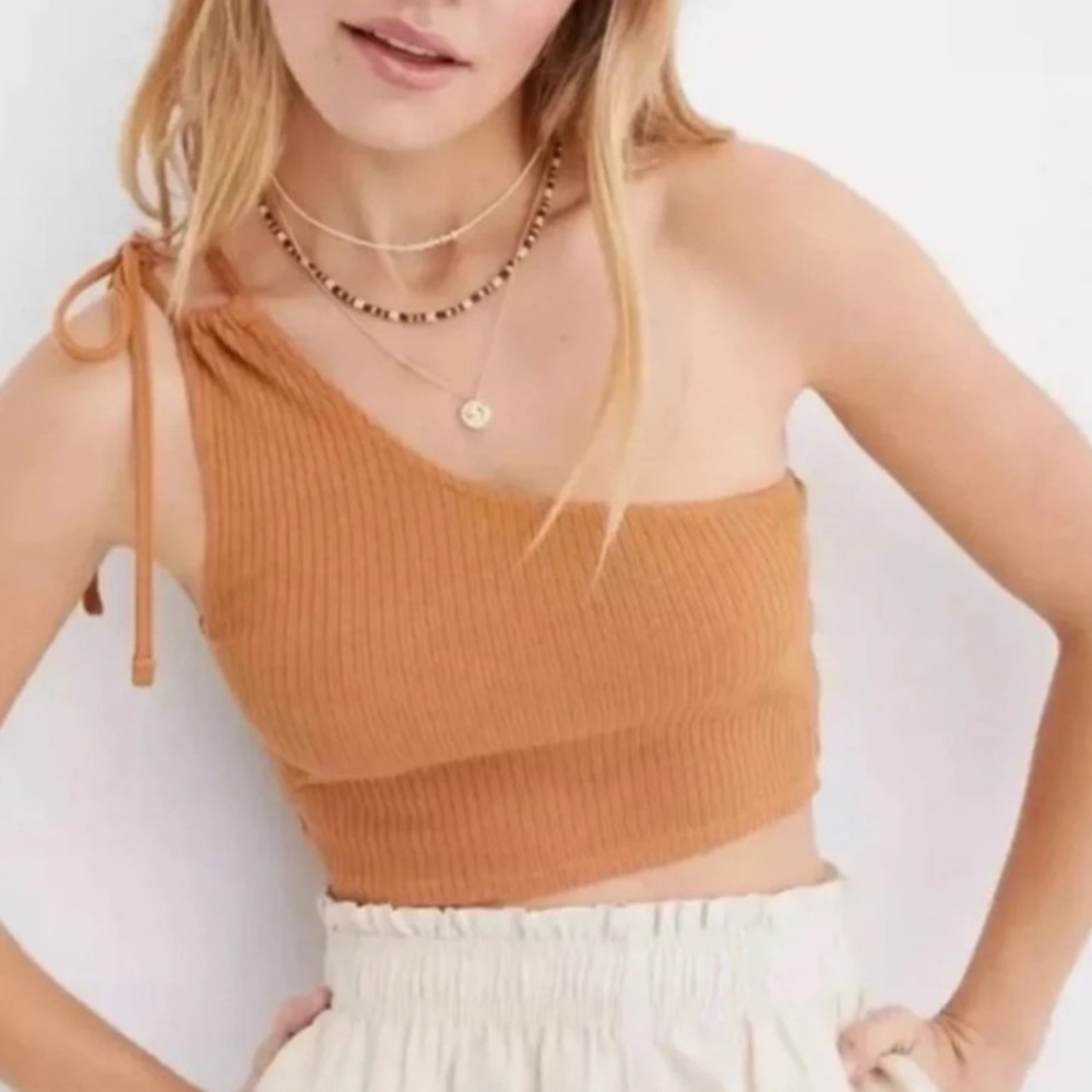 NWT Aerie Rebel Tie Cropped Knitted One
Shoulder Ribbed Tank Top Tan